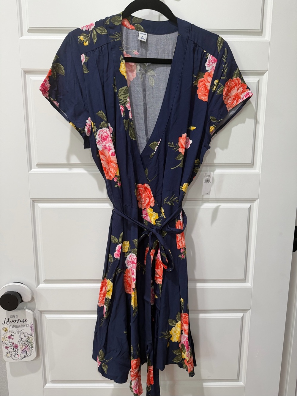 Old Navy Navy Floral Wrap Dress with Pink and Coral Flowers